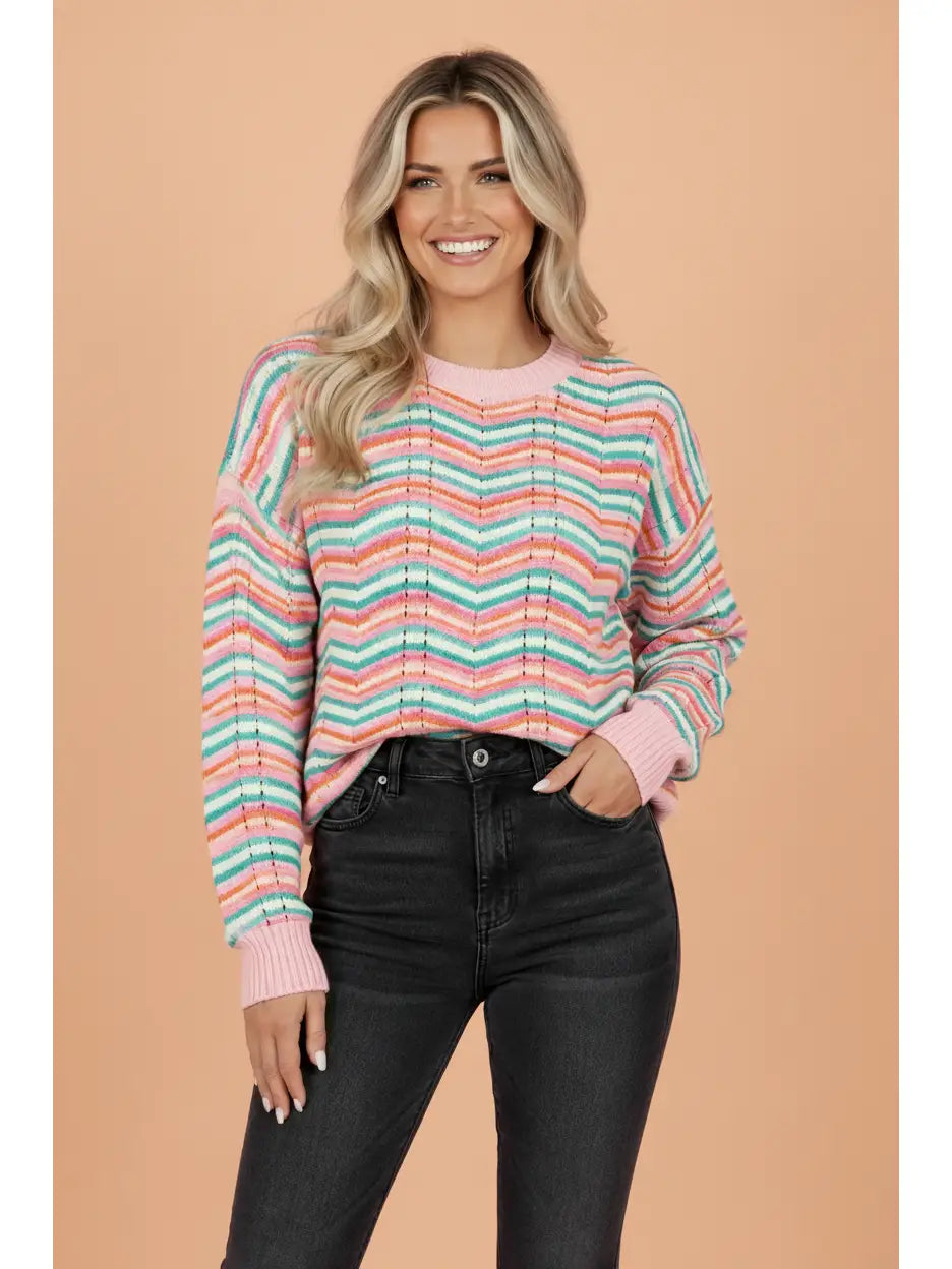 Chevron Stripe Drop Shoulder Sweater