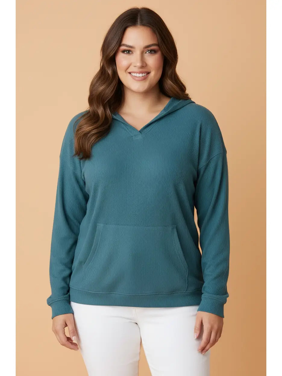 Ribbed Long Sleeve Hooded Sweatshirt - Curvy