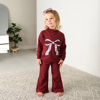 Maroon Gingham Bow Mock Neck Flare Set
