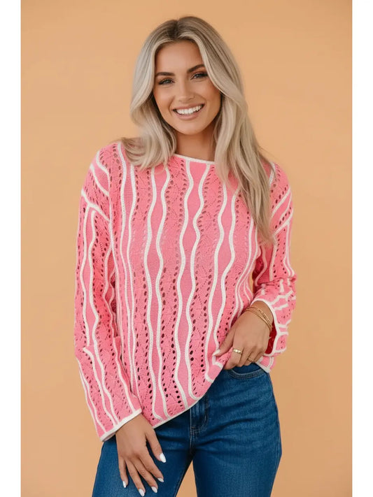 Colorblock Wavy Pointelle Knit Sweater