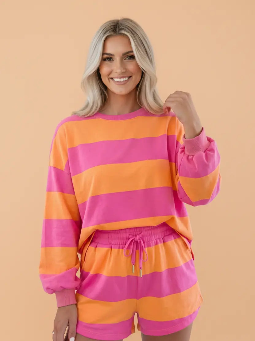 Orange & Pink Stripe Top & Shorts Set