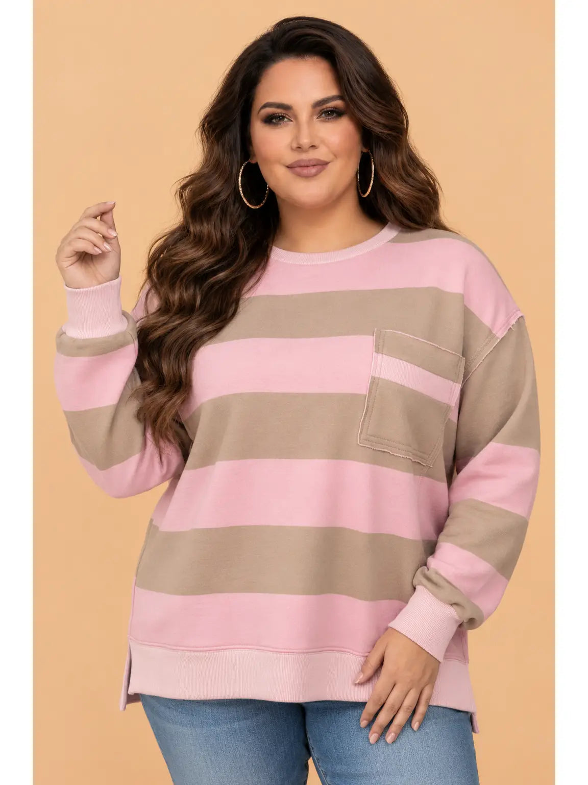 Pink & Brown Stripe Raw Seam Sweatshirt - Curvy