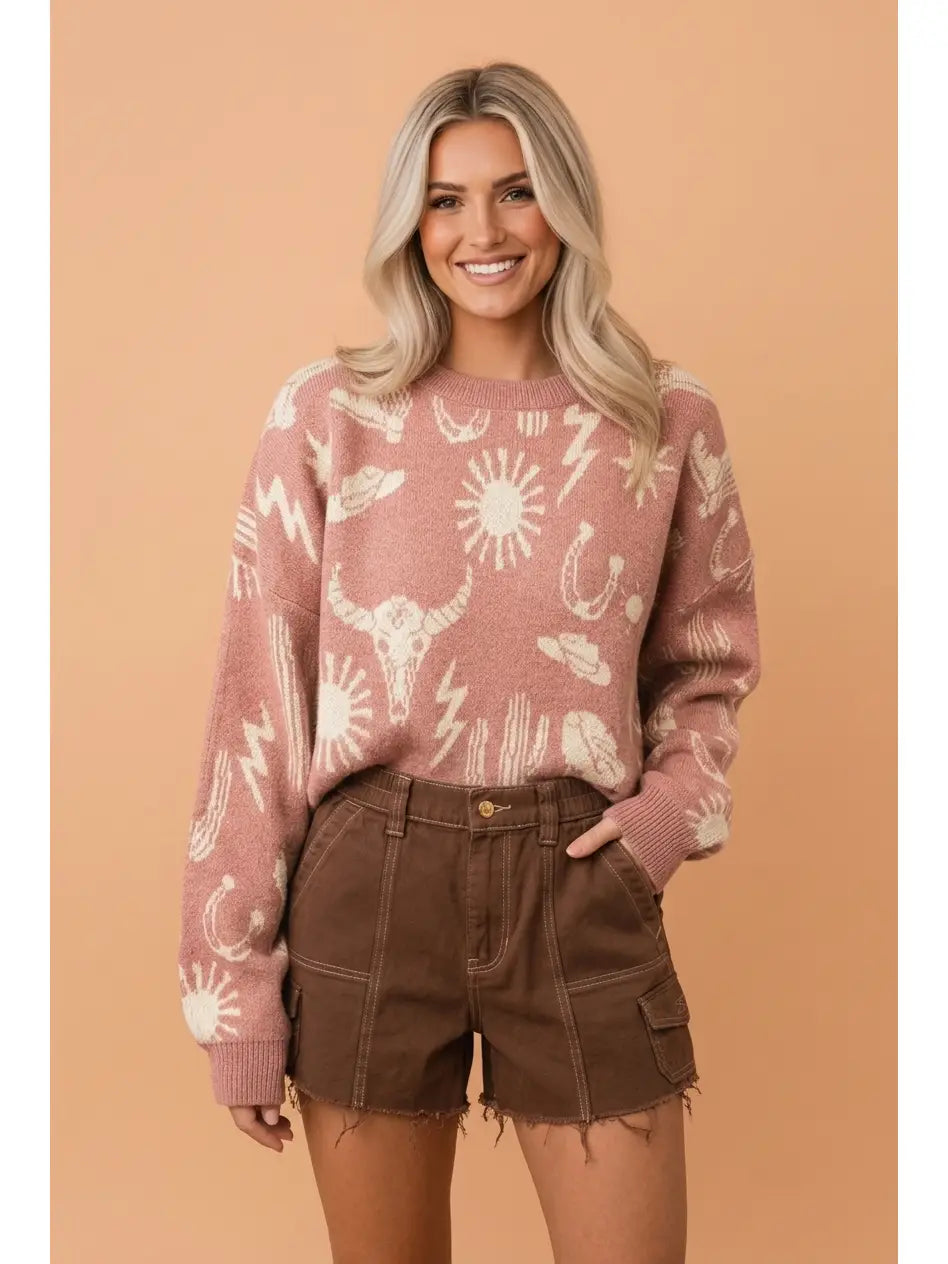 Peach Western Drop Shoulder Sweater