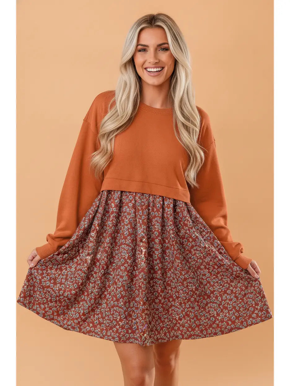 Orange Floral Long Sleeve Flared Dress