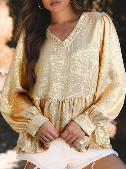 Gold Metallic V-Neck Puff Sleeve Babydoll Blouse