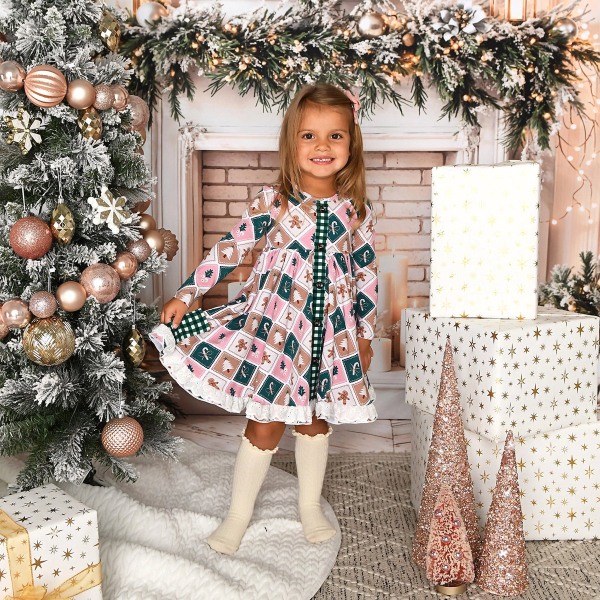 Pearl Print - Button Lace Ruffle Dress
