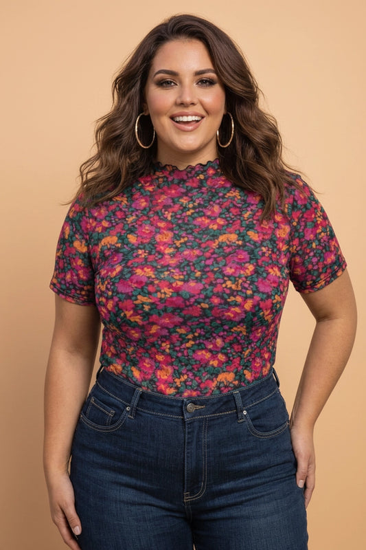 Hot Pink Floral Mesh Top - Curvy