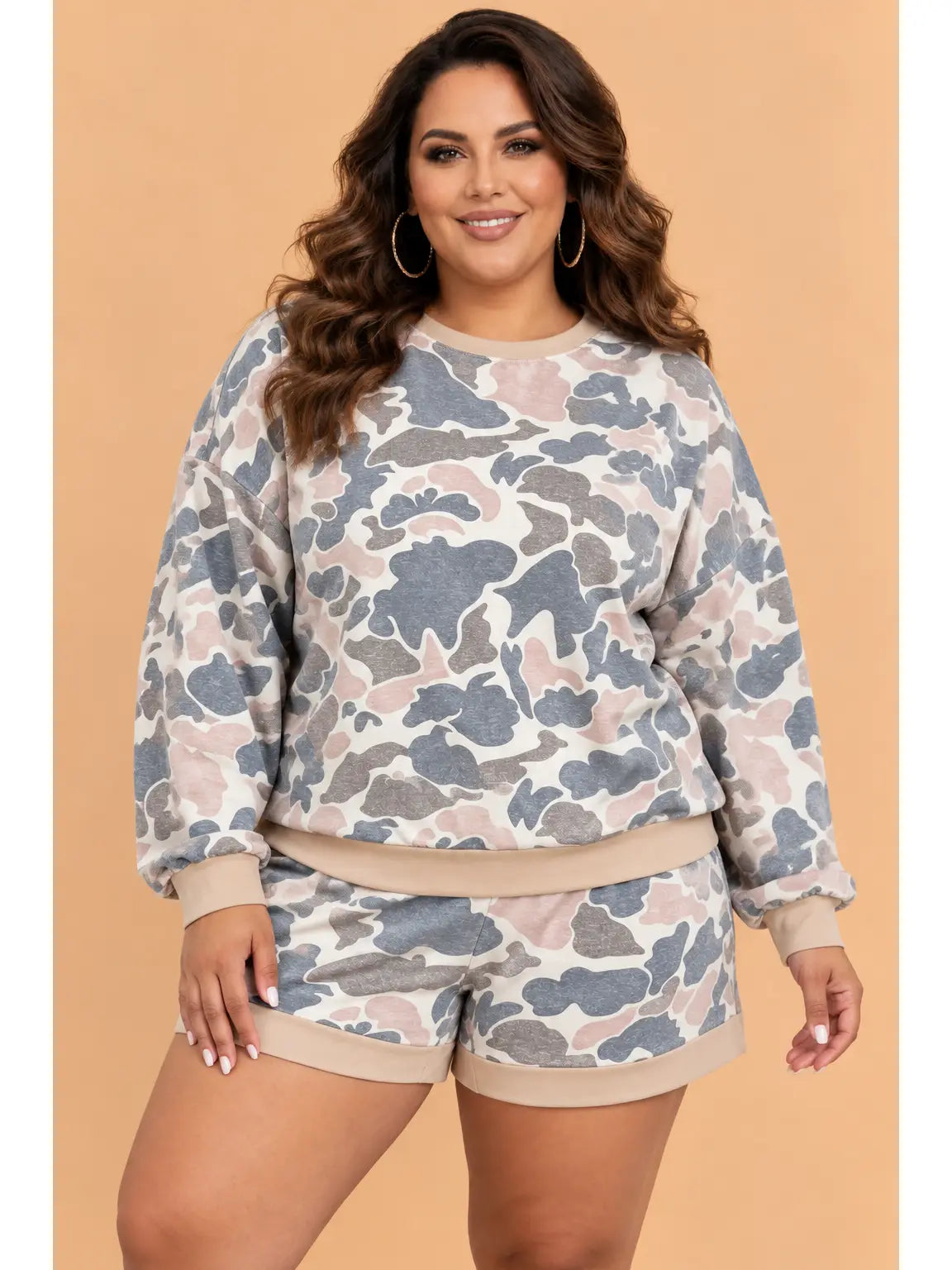 Camo Contrast Trim & Shorts Set - Curvy