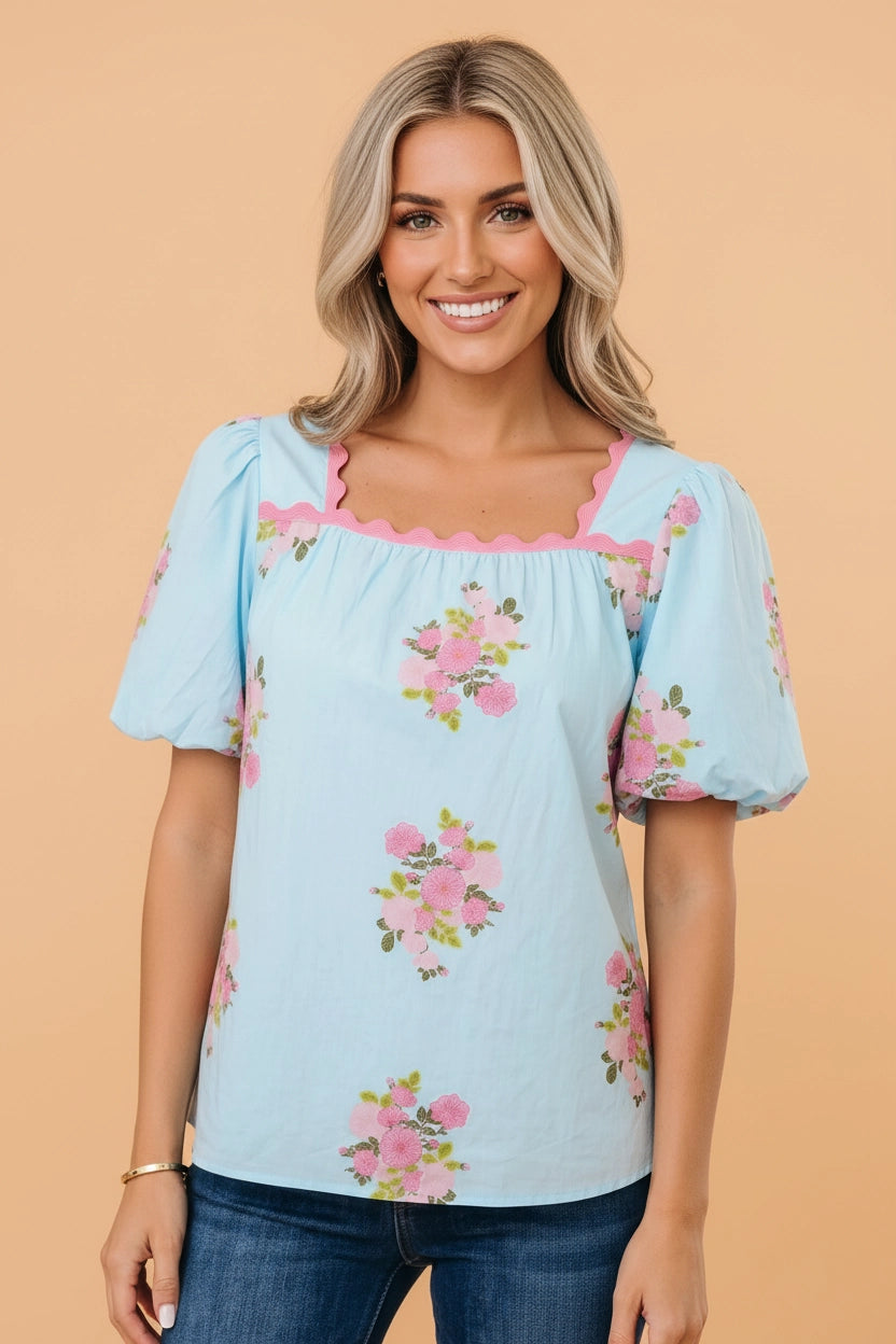 Blue Floral Ricrac Trim Blouse