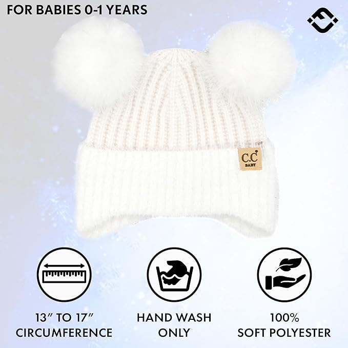 Infant Double Pom Chenille Earflap Beanie - White