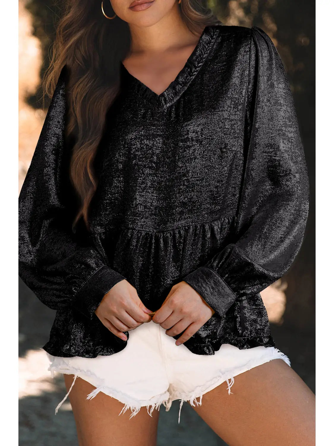 Black Metallic V-Neck Puff Sleeve Babydoll Blouse