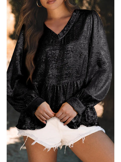 Black Metallic V-Neck Puff Sleeve Babydoll Blouse