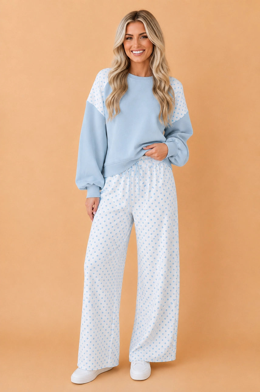 Blue Polka Dot Patchwork Sweatshirt & Pants Set