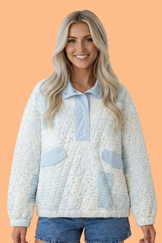 Blue Floral Quilted Half Button Sweatshirt