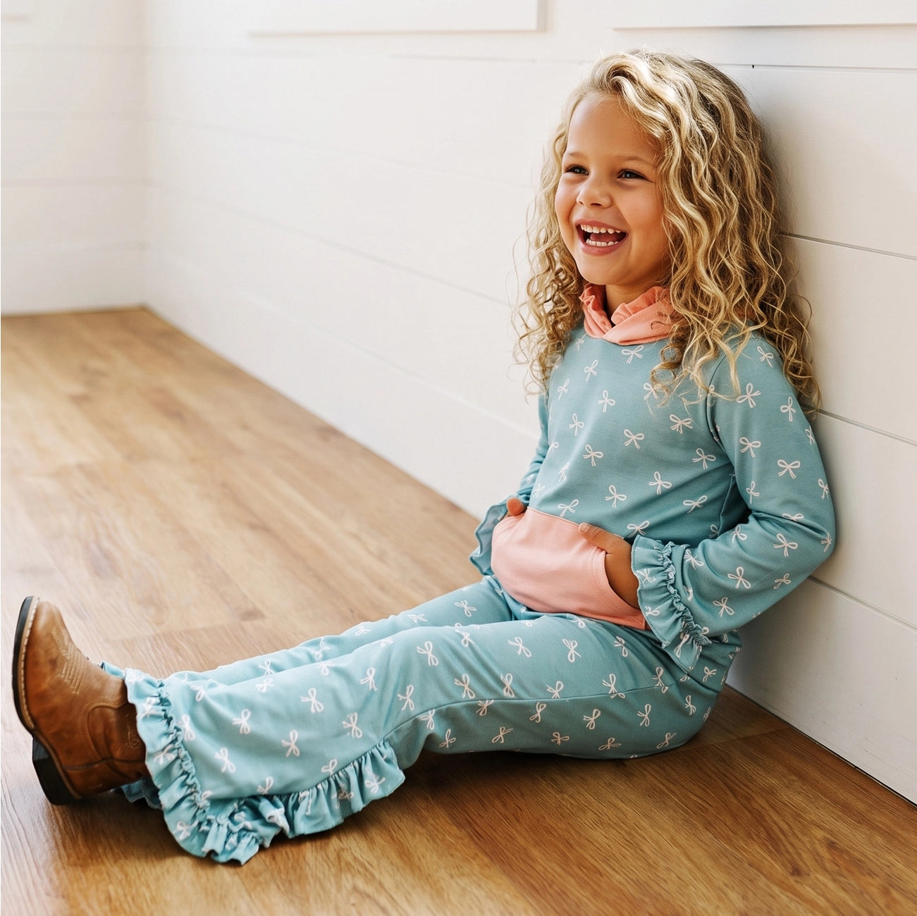 Teal Bow Hooded Ruffle Pocket Lounge Set