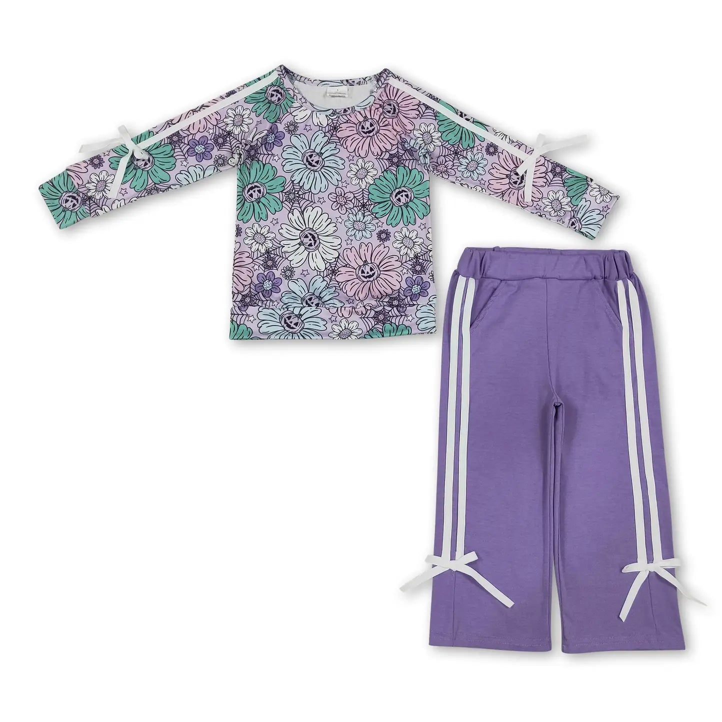 Purple Daisy Pumpkin Top & Pinstripe Pants