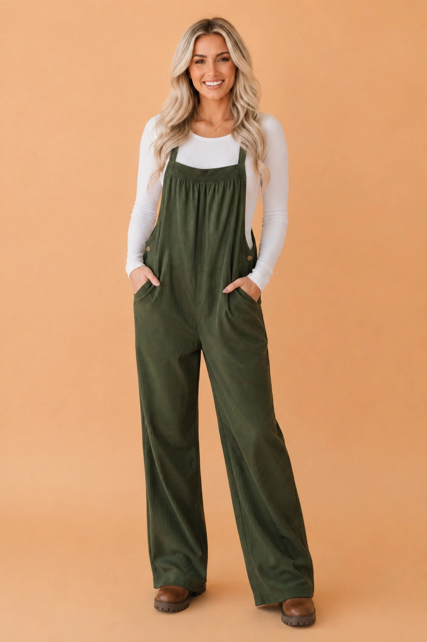 Olive Corduroy Adjustable Straps Jumpsuit