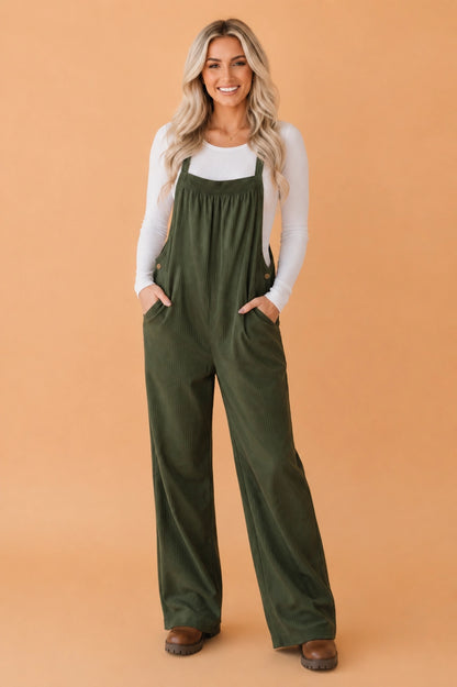 Olive Corduroy Adjustable Straps Jumpsuit