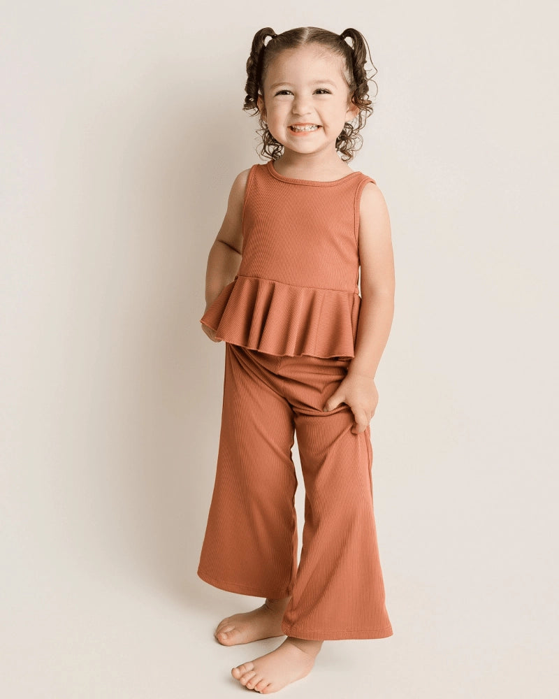 Copper Ember Peplum Two-Piece Wide Leg Set