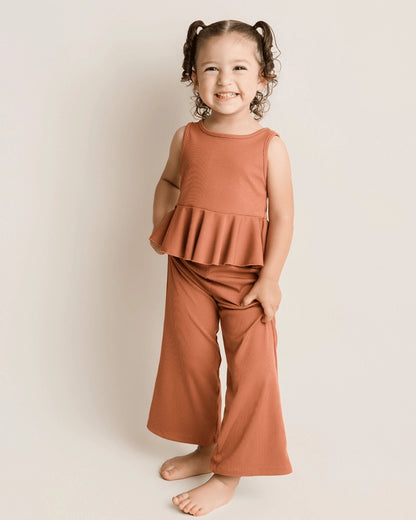 Copper Ember Peplum Two-Piece Wide Leg Set