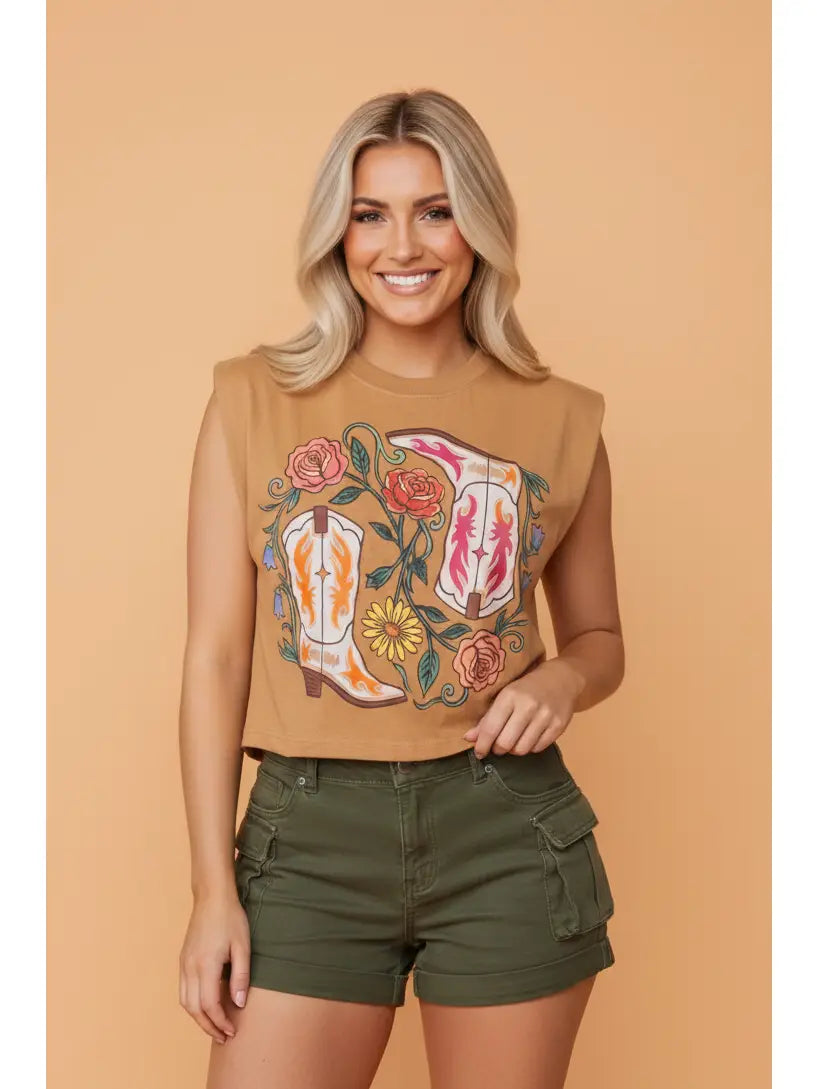 Western Boots Floral Sleeveless Tank Top
