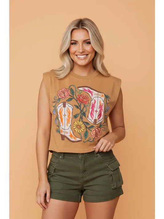 Western Boots Floral Sleeveless Tank Top