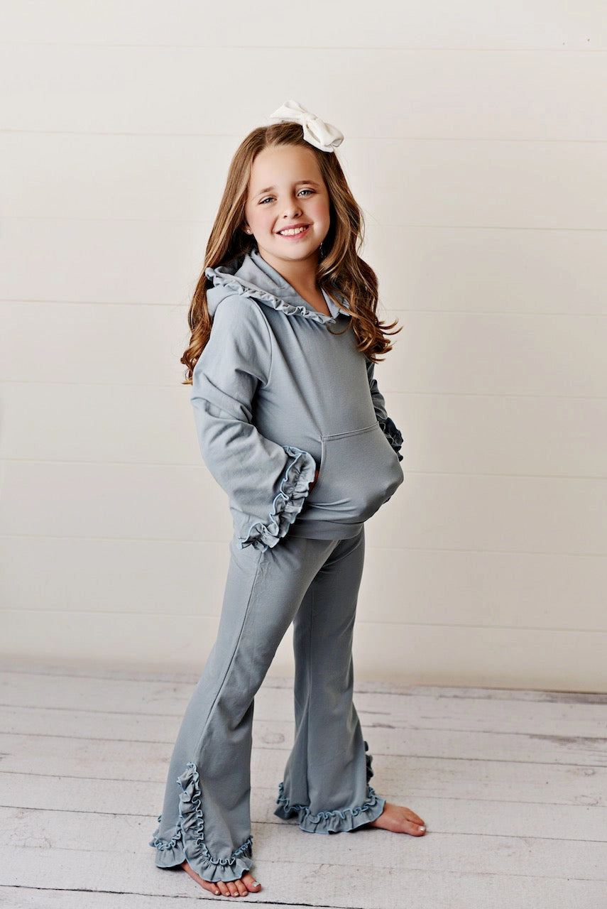 Blue Gray Hooded Ruffle Pocket Lounge Set