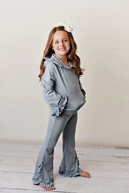 Blue Gray Hooded Ruffle Pocket Lounge Set
