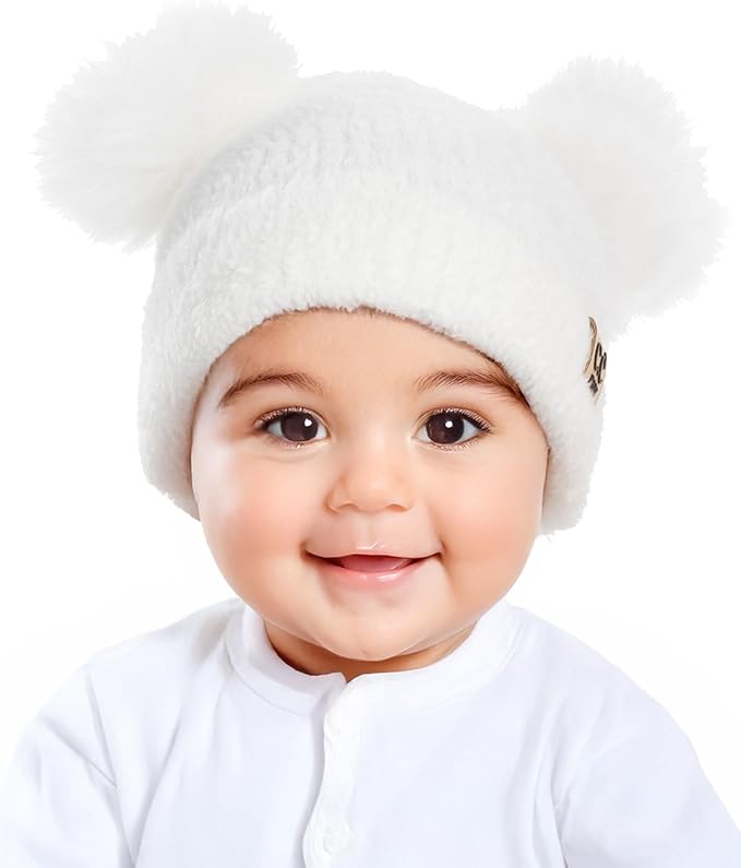 Infant Double Pom Chenille Beanie - White