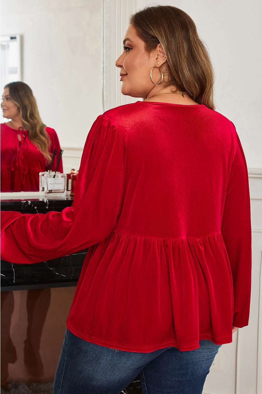 Velvet Tie Front Peplum Blouse - Curvy