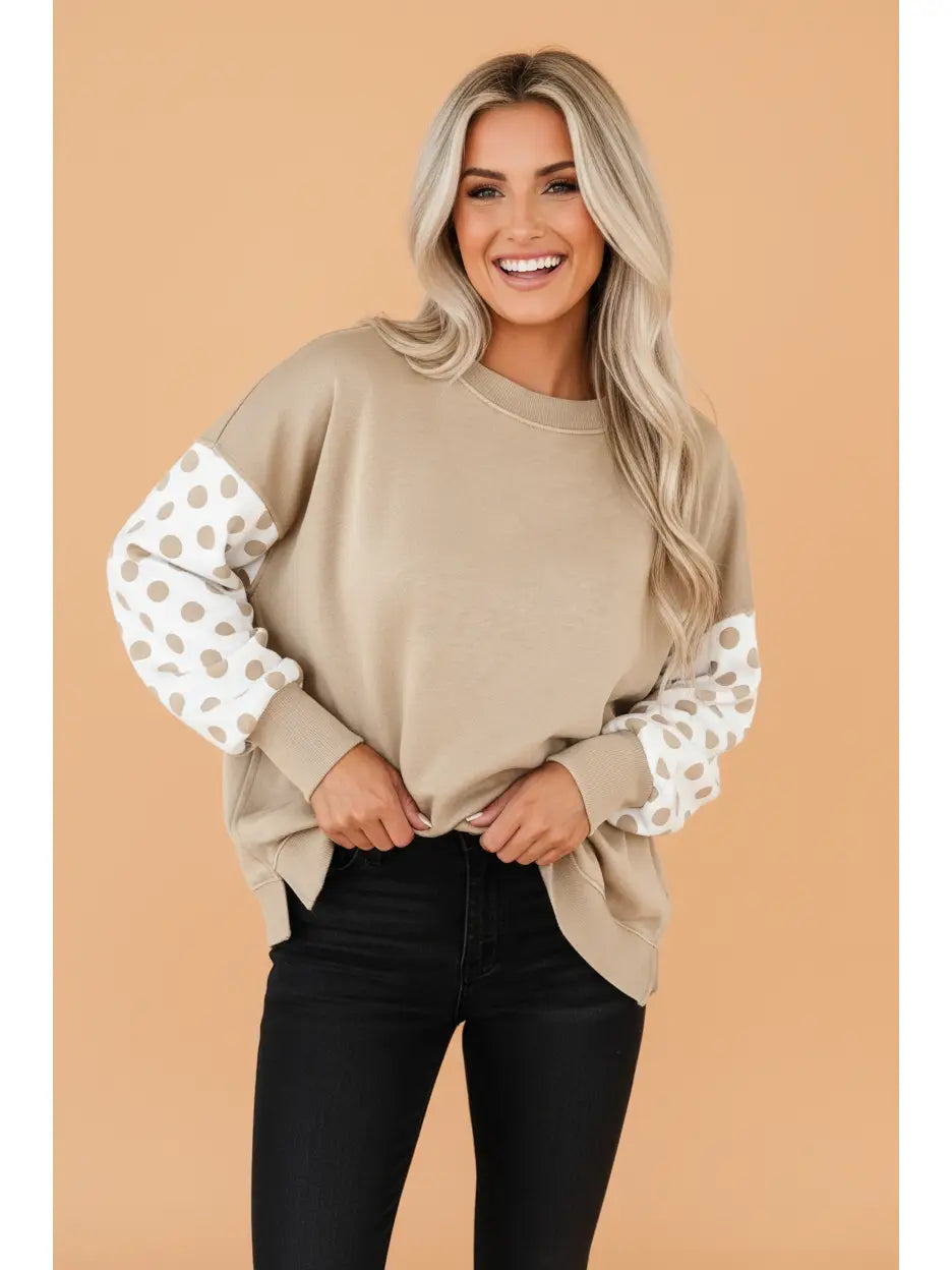 Khaki Polka Dot Drop Shoulder Sweatshirt