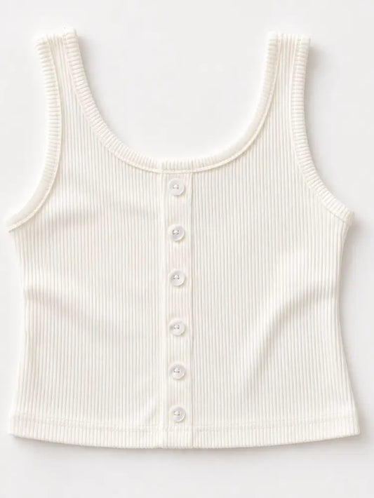 White Button Front Ribbed Tank