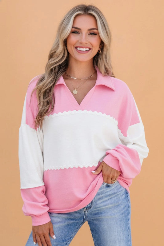 Pink Colorblock Ricrac Collared Top