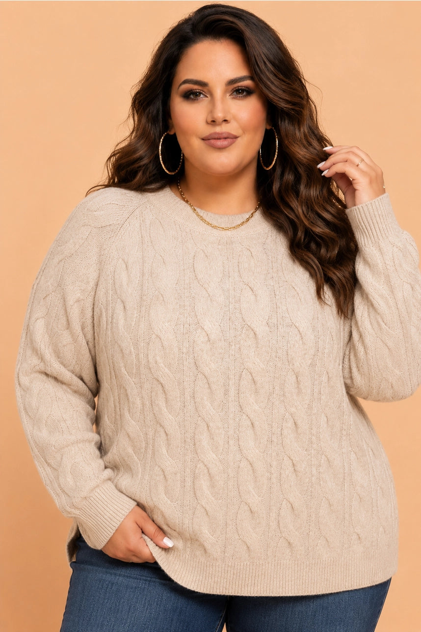 Cream Cable Knit Raglan Sleeve Sweater - Curvy