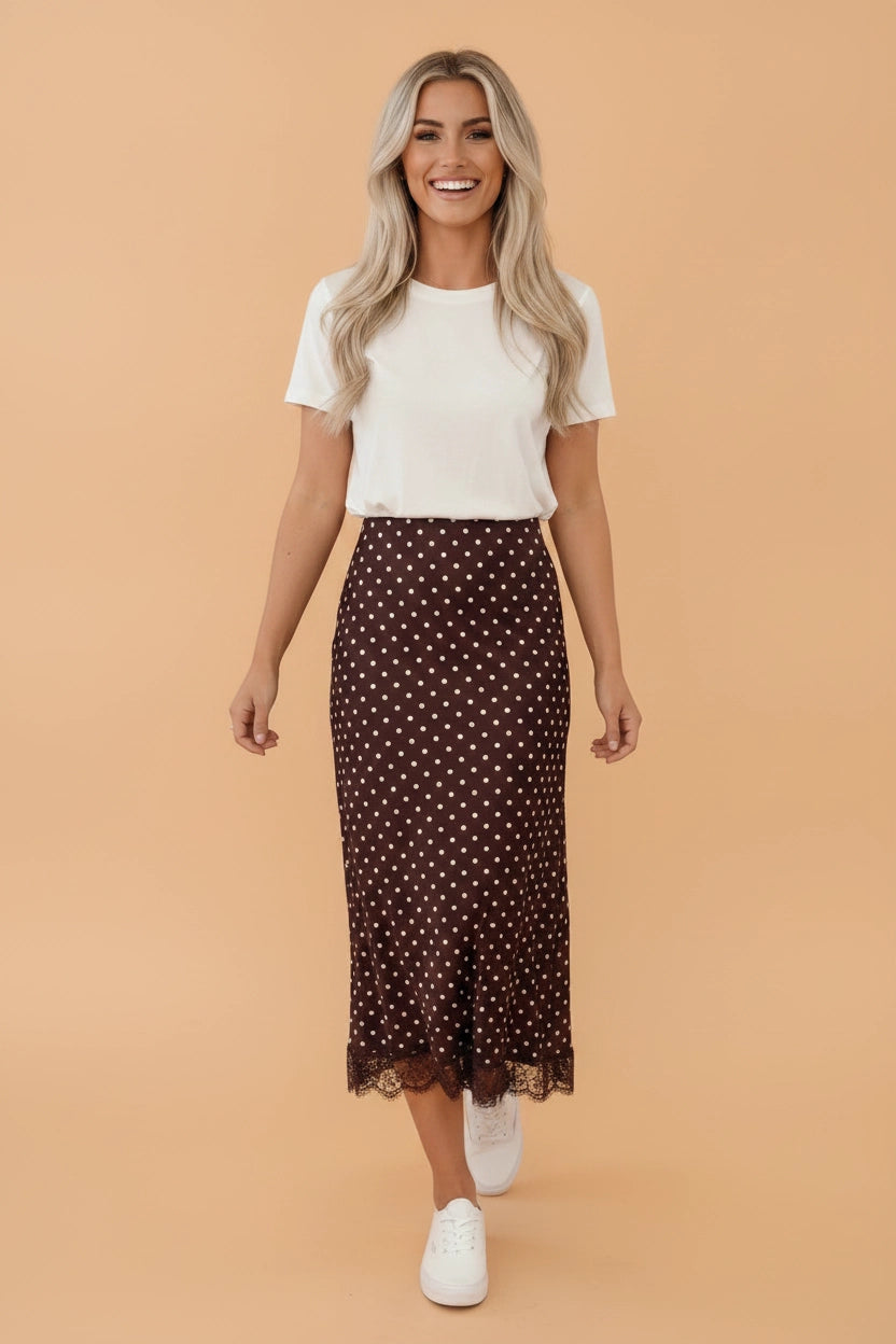 Brown Polka Dot Lace Hem Midi Skirt