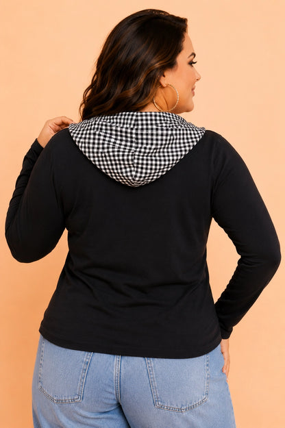 Black Gingham Sleeve Hooded Blouse - Curvy