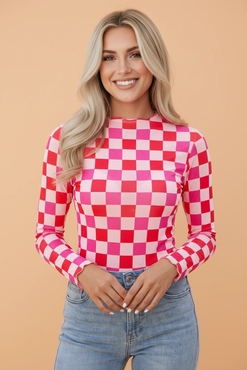 Pink & Red Checkered Mesh Top