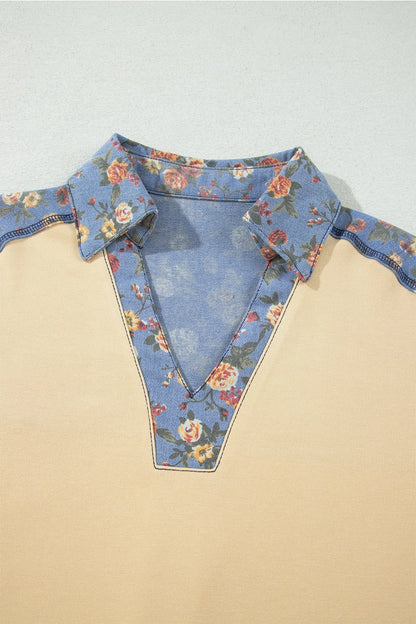 Floral Denim Patchwork Collared Top