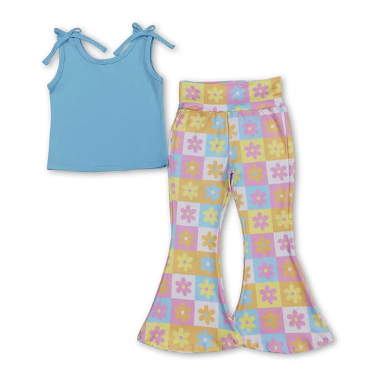 Bright Checkered Floral Flares & Blue Tank