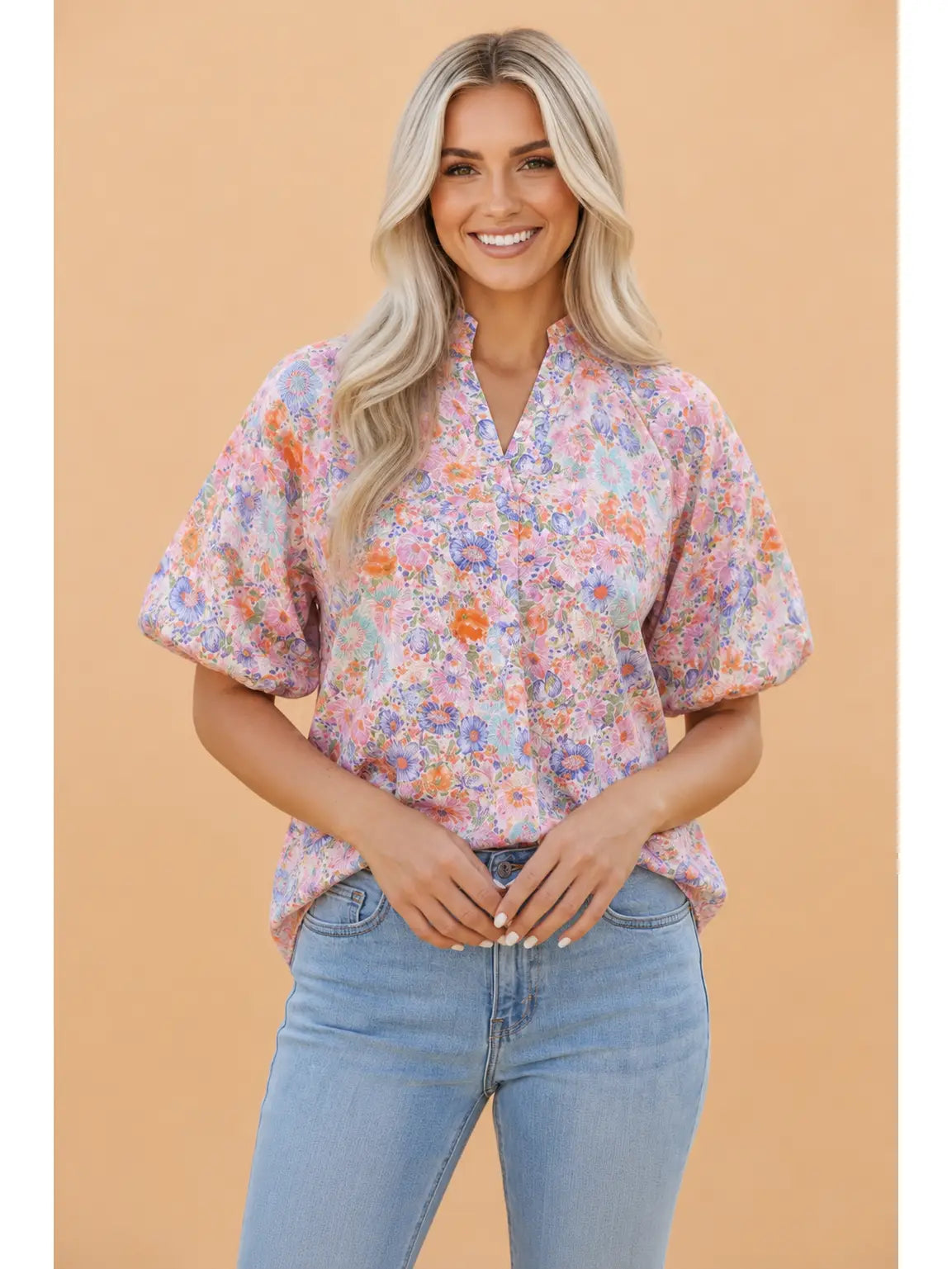Floral V-Neck Short Sleeve Blouse