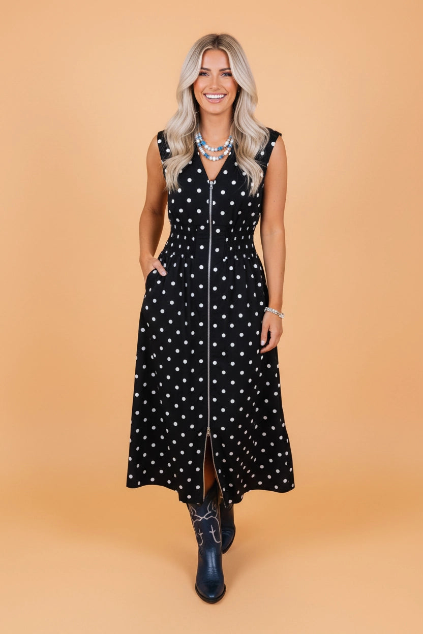 Black Zip Up V-Neck Dress