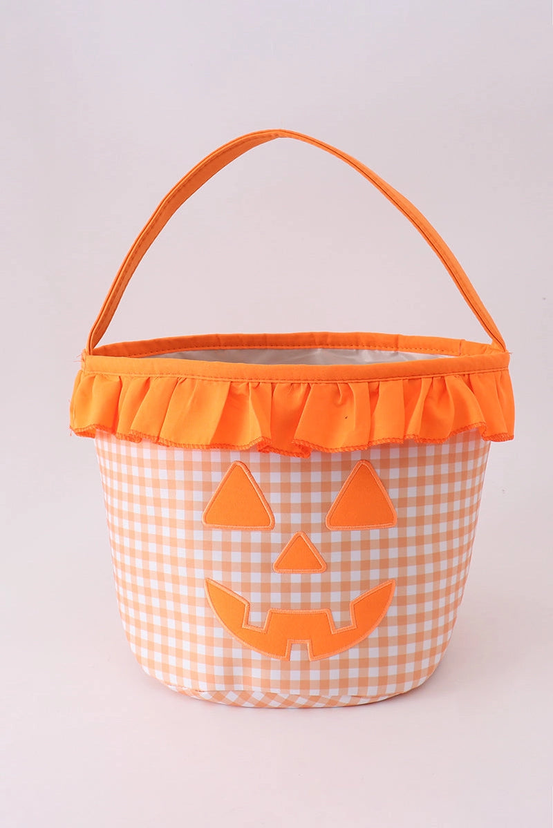 Orange Pumpkin Appliqué Gingham Ruffle Basket