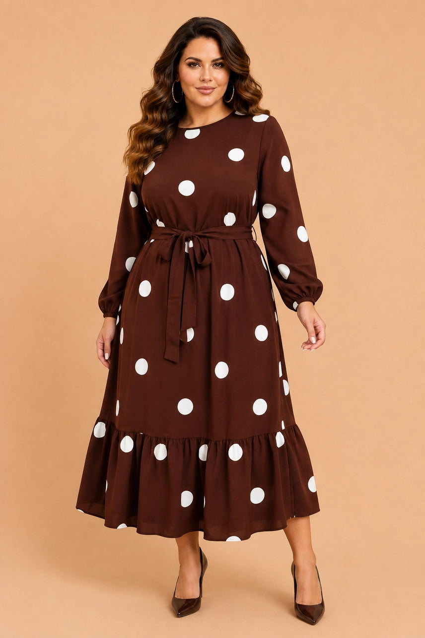 Brown Polka Dot Ruffle Midi Dress - Curvy